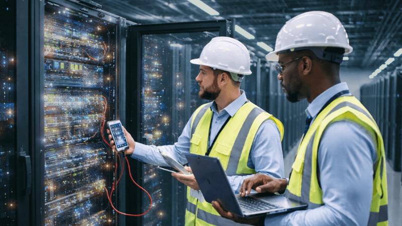 Commissioning 2 Men Working On A Rack