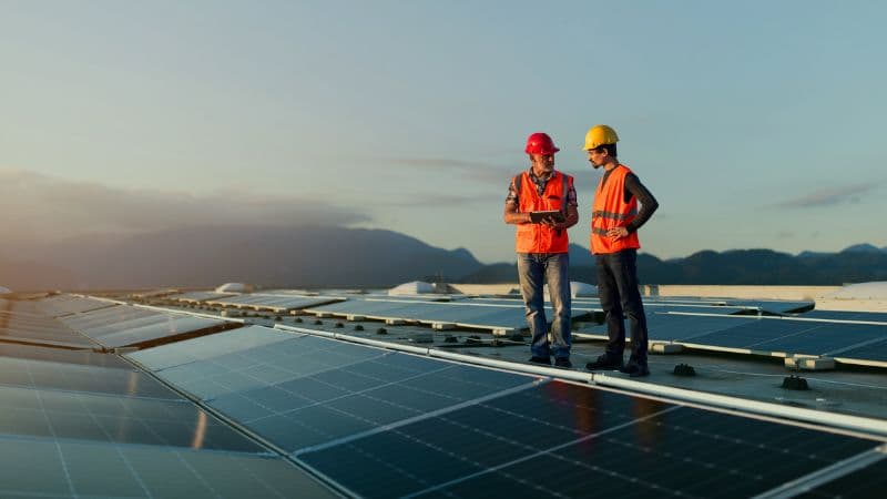Solar Engineers Standing On Solar Panels