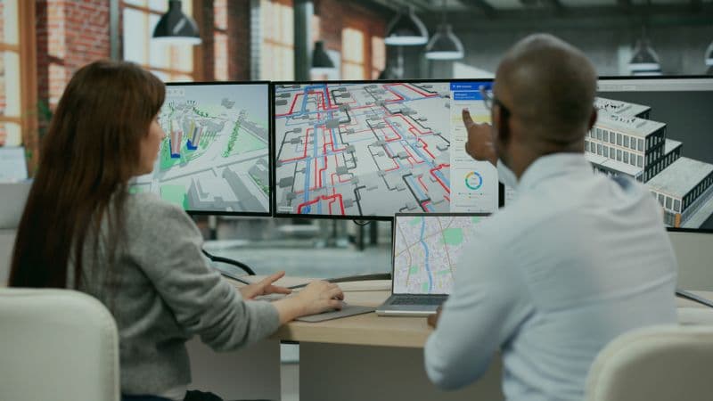 Man And Woman Discuss BIM 3D Model Design On Computers