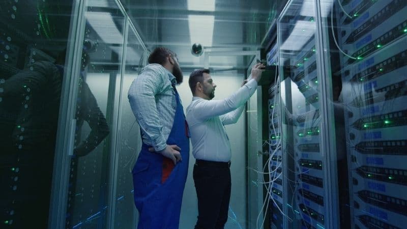 Medium Shot Of Two Men Working In A Data Center Taking Networking Equipment Out For Repair And Maintenance