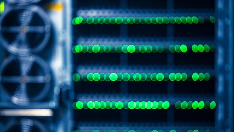 A Data Center Rack Lit Up