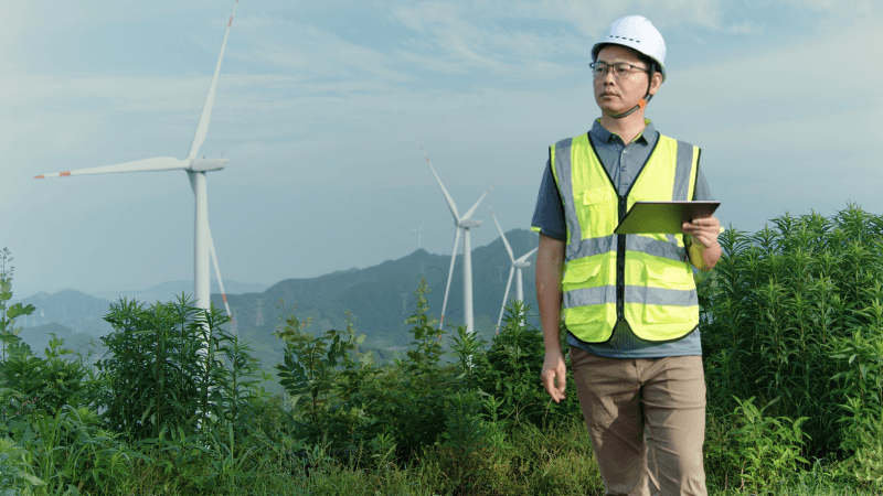 Asian Engineers Working In A Wind Power Station