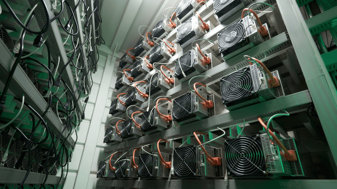 Blockchain Techology Application Specific Integrated Circuit Datacenter. Server Room Lights